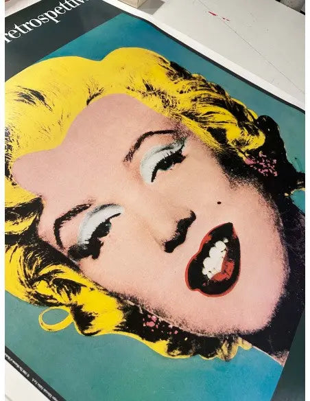 Vintage Andy Warhol Marilyn Pop Art poster on linen from 1990, featuring iconic Marilyn Monroe portrait in bright colors.