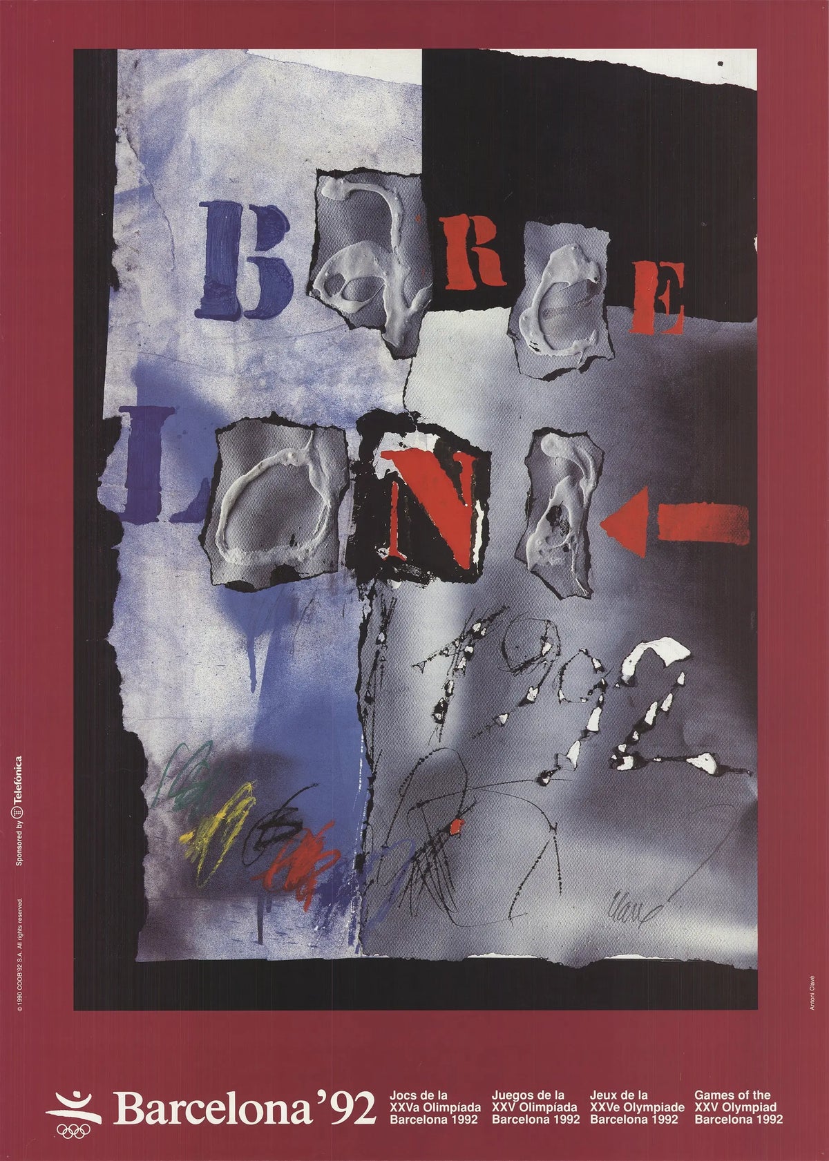 Antoni Clavé 1992 Barcelona Olympics offset lithograph exhibition art poster featuring vibrant design and artistic imagery.