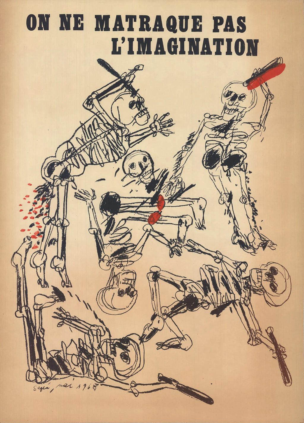 Original Antonio Segui 1968 lithograph poster titled "On Ne Matraque Pas L'Imagination," featuring vivid abstract artwork.