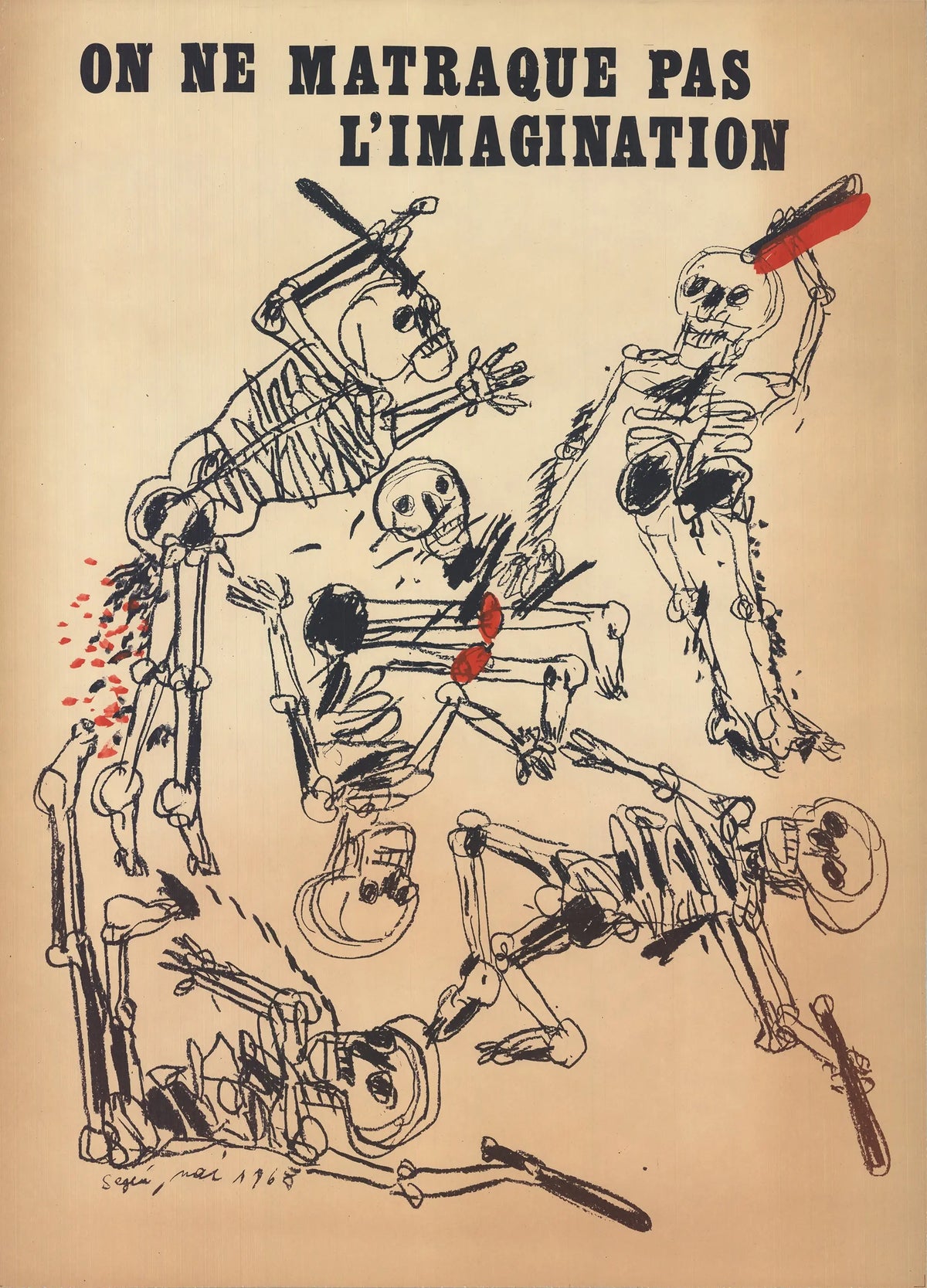Original Antonio Segui 1968 lithograph poster titled "On Ne Matraque Pas L'Imagination," featuring vivid abstract artwork.