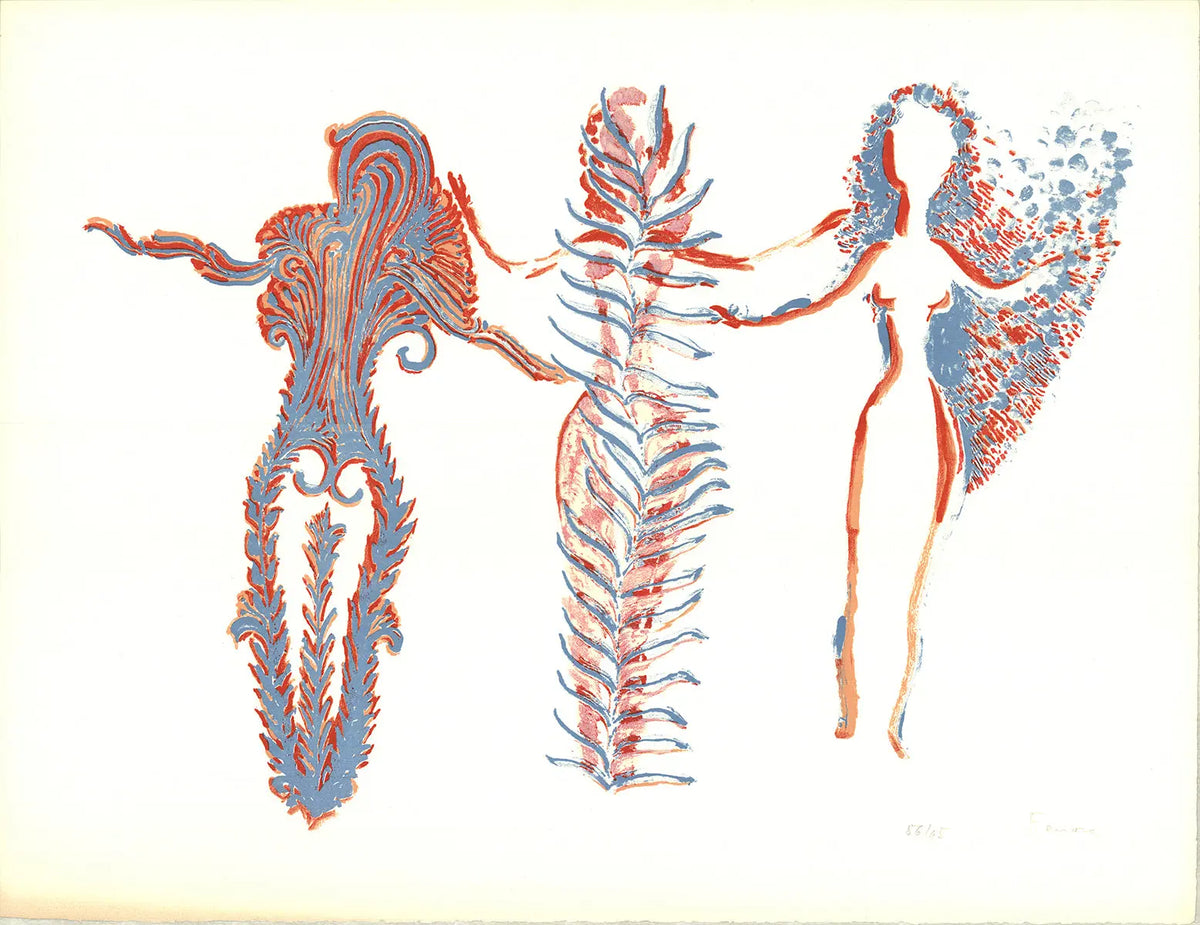 Signed Apel-Les Fenosa Tres Dones 1975 limited edition lithograph art by Apel-Les Fenosa, featuring vibrant, detailed imagery.