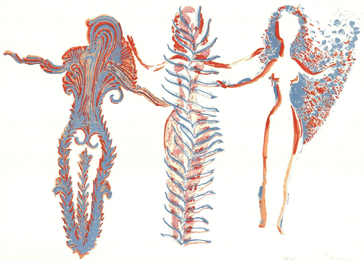 Signed Apel-Les Fenosa Tres Dones 1975 limited edition lithograph art, showcasing vibrant colors and intricate details.