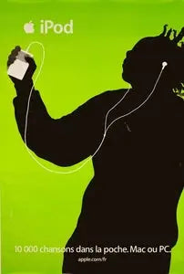 Vintage large format Apple iPod advertising poster featuring classic branding and colorful design elements.