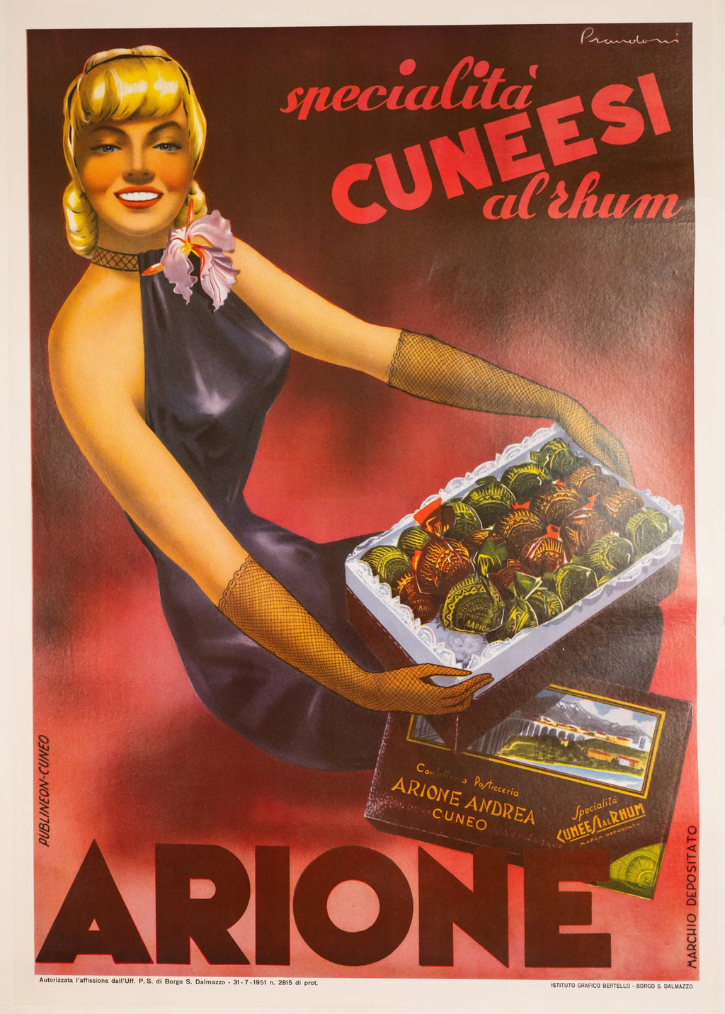 Vintage 1951 Arione Cuneesi Italian chocolate poster by Carlo Prandoni featuring colorful chocolate packaging and retro design elements.