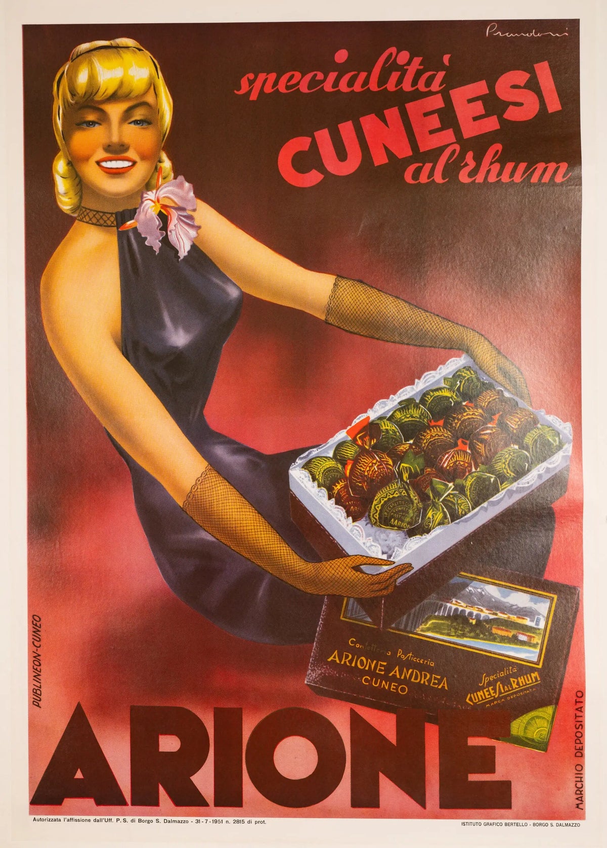 Vintage 1951 Arione Cuneesi Italian chocolate poster by Carlo Prandoni featuring colorful chocolate packaging and retro design elements.
