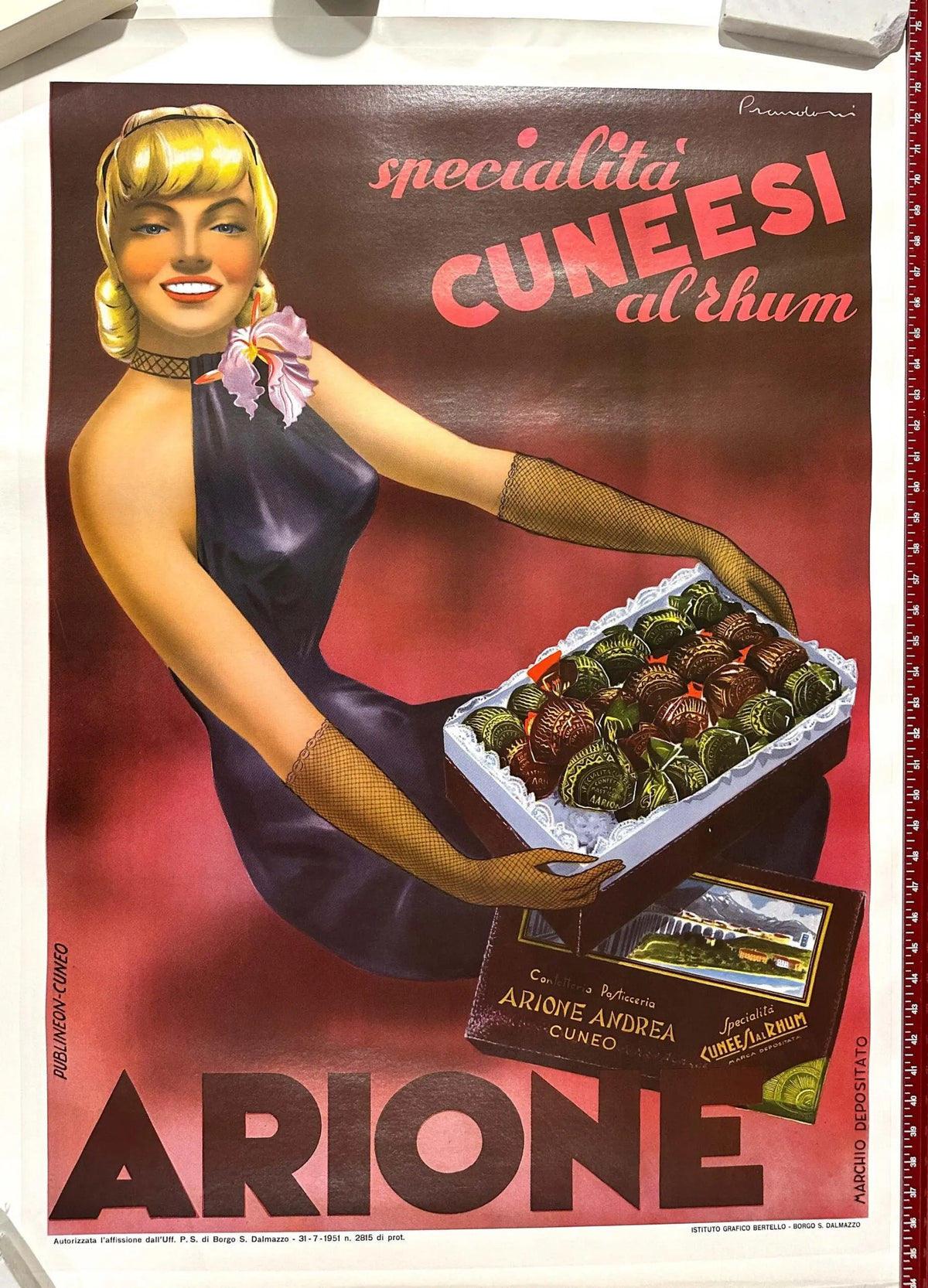 Original 1951 Arione Cuneesi Italian chocolate poster featuring vintage artwork by Carlo Prandoni for Arione brand.