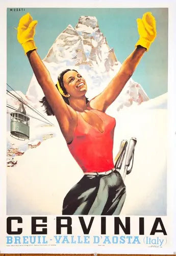 Vintage Arnaldo Musati Cervinia ski print from the 1970s, featuring classic Italian winter sports artwork.
