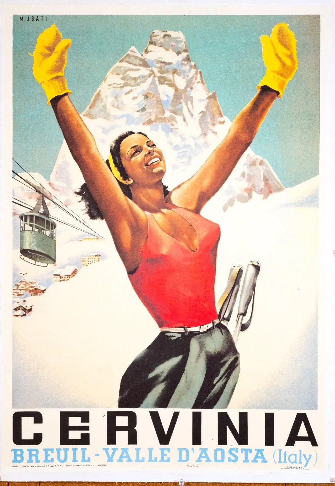 Vintage Arnaldo Musati Cervinia ski print from the 1970s, featuring classic Italian ski scene artwork.
