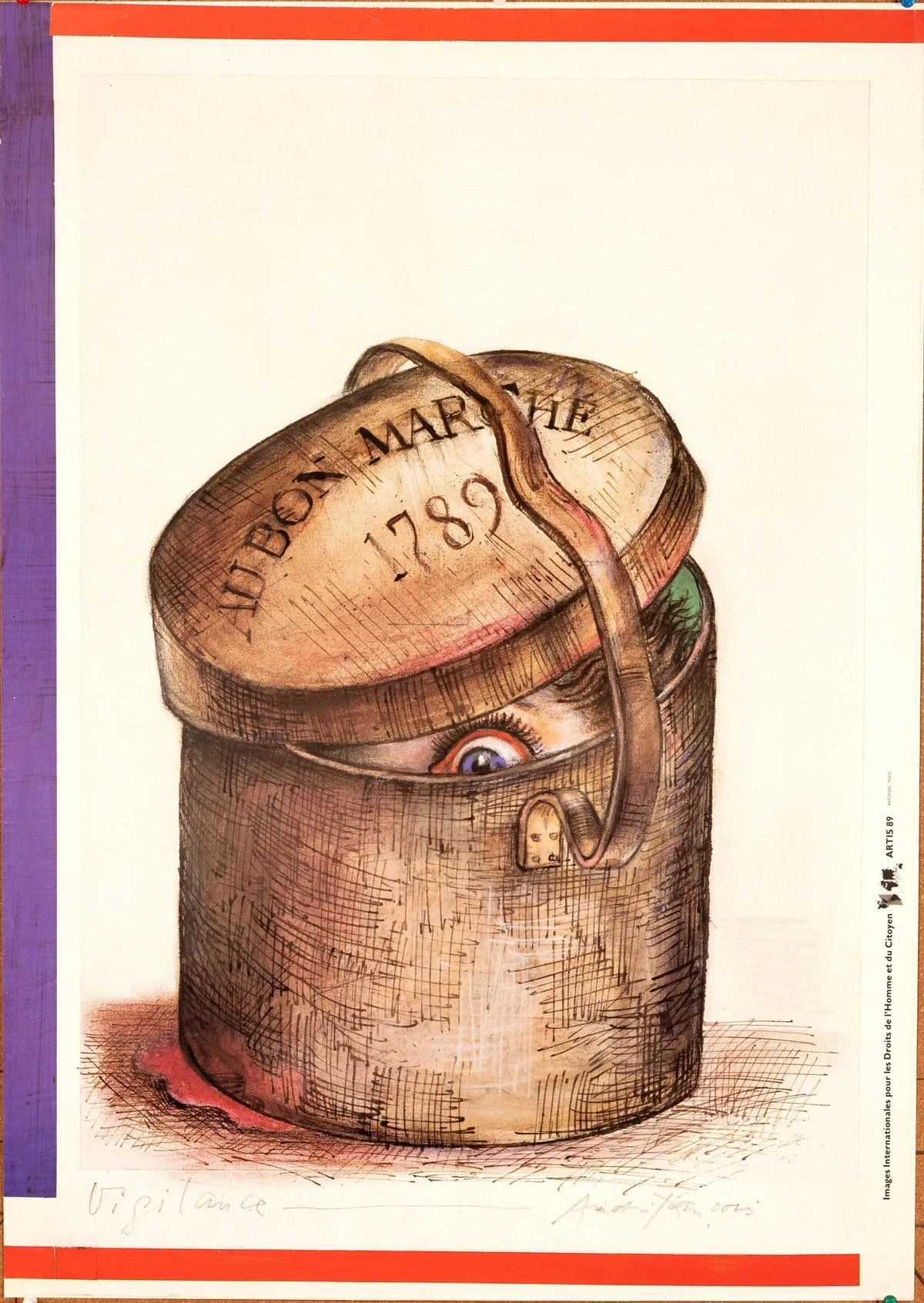 Original 1989 Andre Francois Human Rights Vigilance Bicentennial poster by Artis 89, featuring artwork promoting human rights awareness.