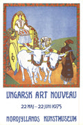 Hungarian Art Nouveau exhibition lithograph poster from 1975 at Nordjyllands Kunstmuseum, artist unknown, featuring intricate Art Nouveau design.