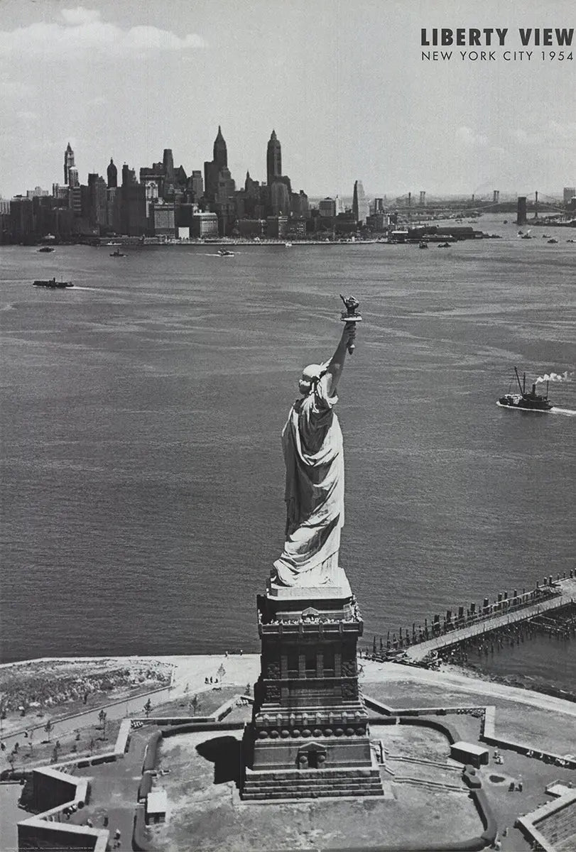 Monochrome Liberty View New York City lithograph poster print featuring a detailed cityscape with skyline elements.