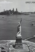 Monochrome Liberty View New York City lithograph poster print featuring a detailed cityscape with skyline elements.
