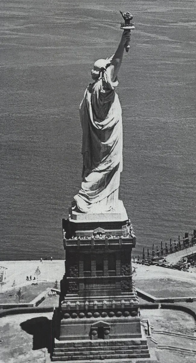 Black and white lithograph poster print of New York City skyline titled Liberty View, by unknown artist.