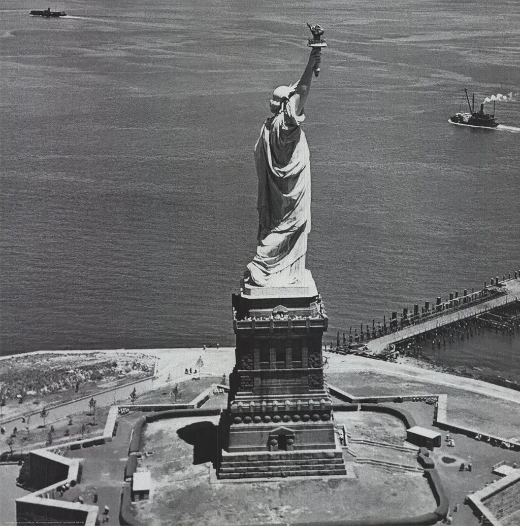 Monochrome offset lithograph poster print of Liberty View New York City, artist-unknown, showcasing city skyline in black and white.