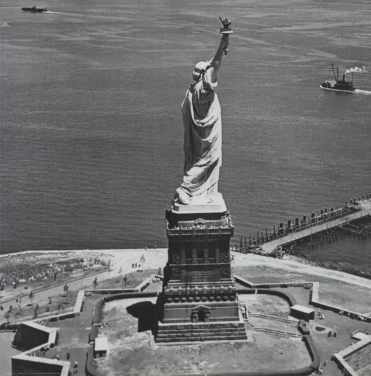 Monochrome offset lithograph poster print of Liberty View New York City, artist-unknown, showcasing city skyline in black and white.