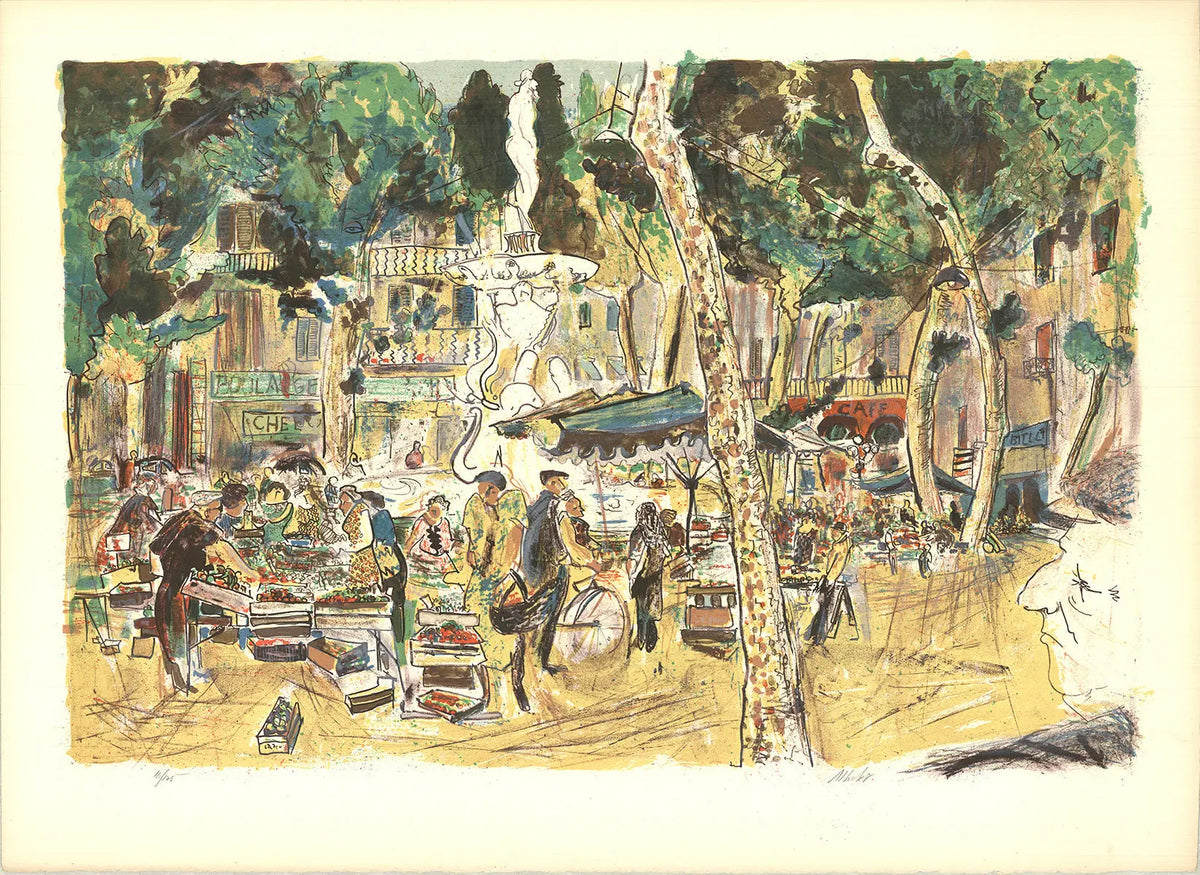 Limited edition lithograph art print of Marché Provençal by Artist Unknown, signed and created in 1975.