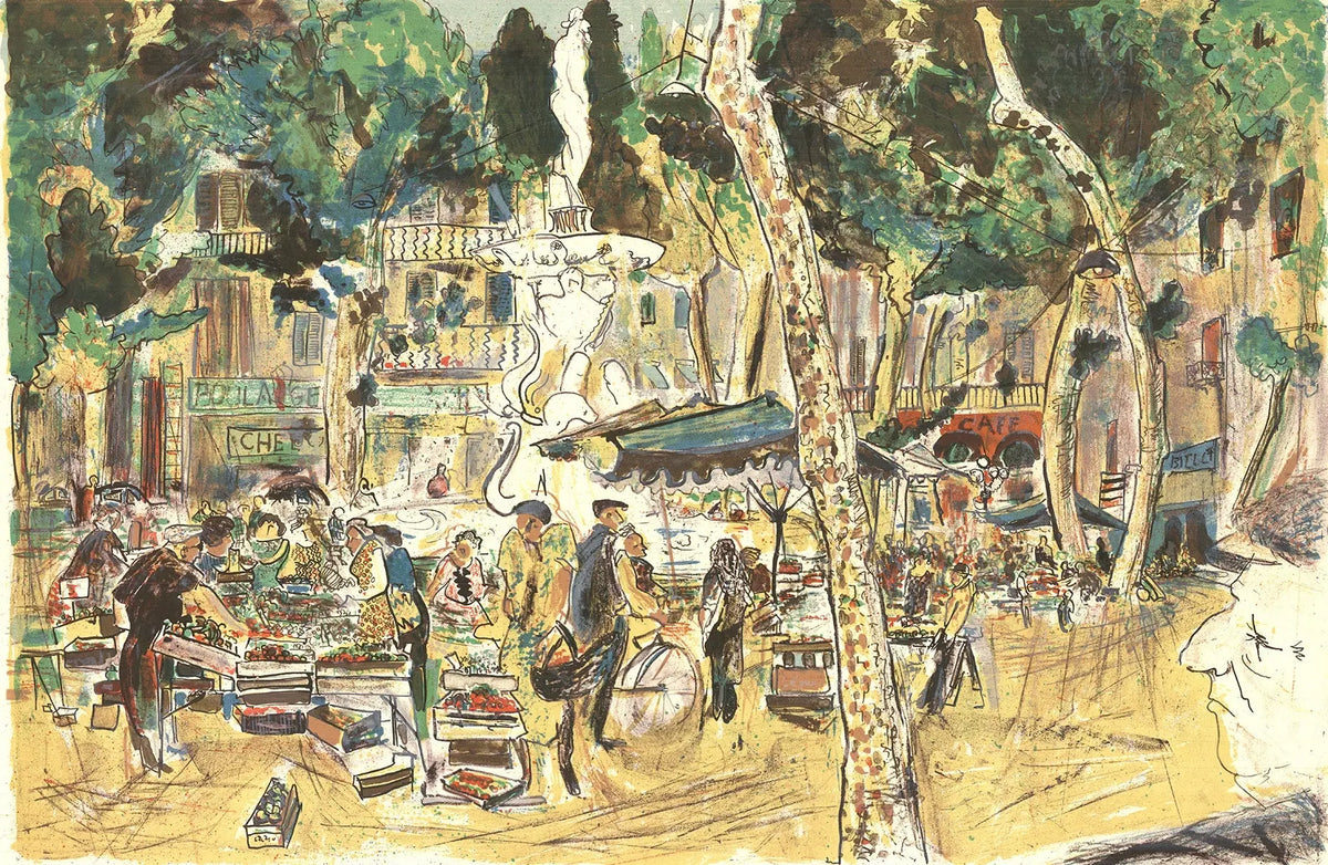 Limited edition Marché Provençal lithograph art print from 1975, signed by an unknown artist, showcasing a vibrant market scene.
