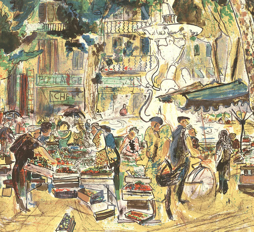 Limited edition Marché Provençal lithograph art print from 1975, signed by the artist, showcasing a vibrant market scene.
