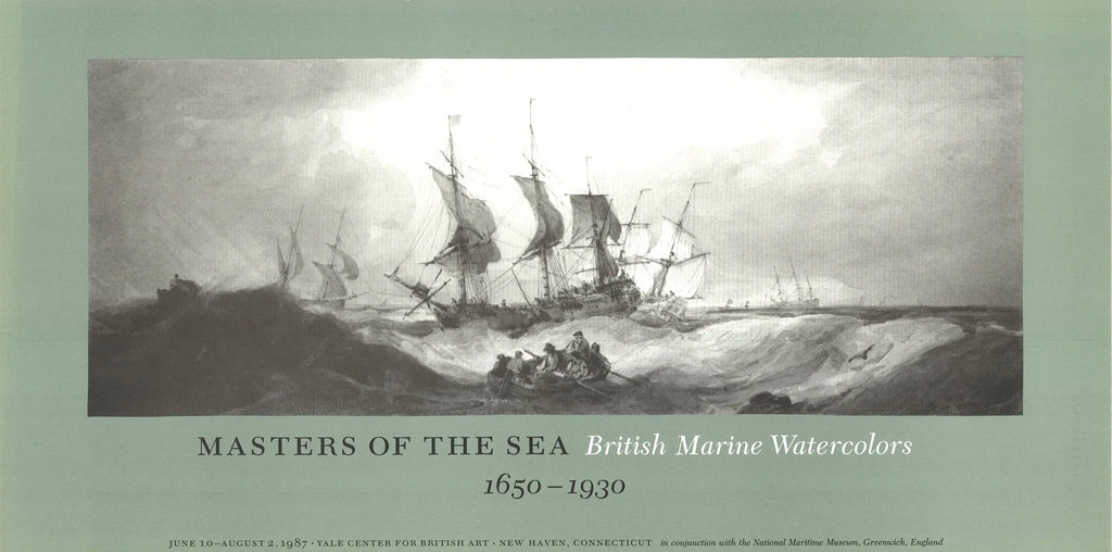 British Marine Watercolors exhibition poster from 1987 featuring art of ships and seascapes, created by an unknown artist.