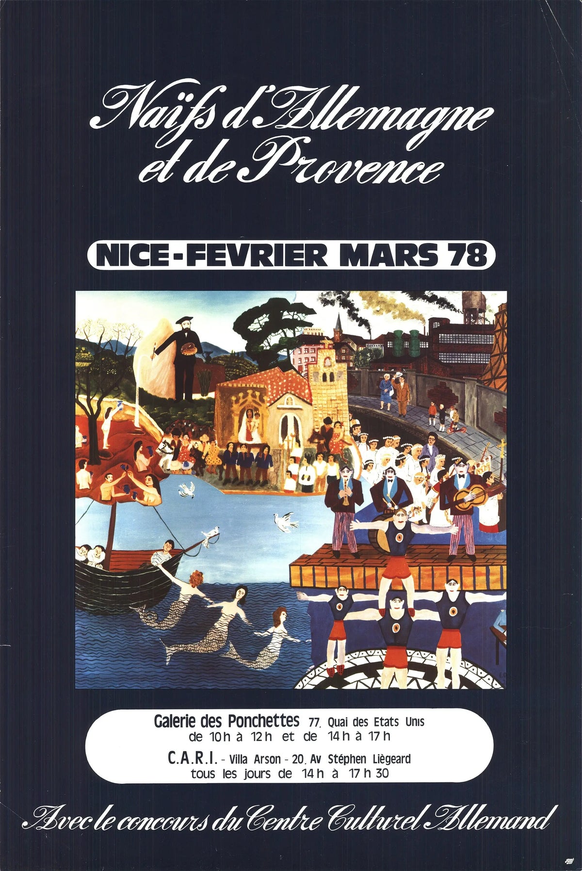 Vintage folk art poster from 1979 featuring naive-style scenes of Germany and Provence, created by an unknown artist.