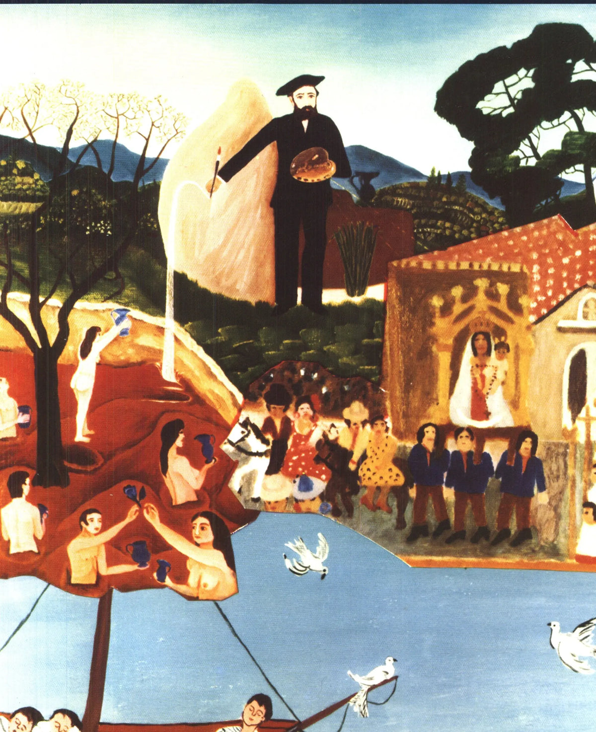 Vintage folk art poster from 1979 featuring naive-style scenes of Germany and Provence, created by an unknown artist.