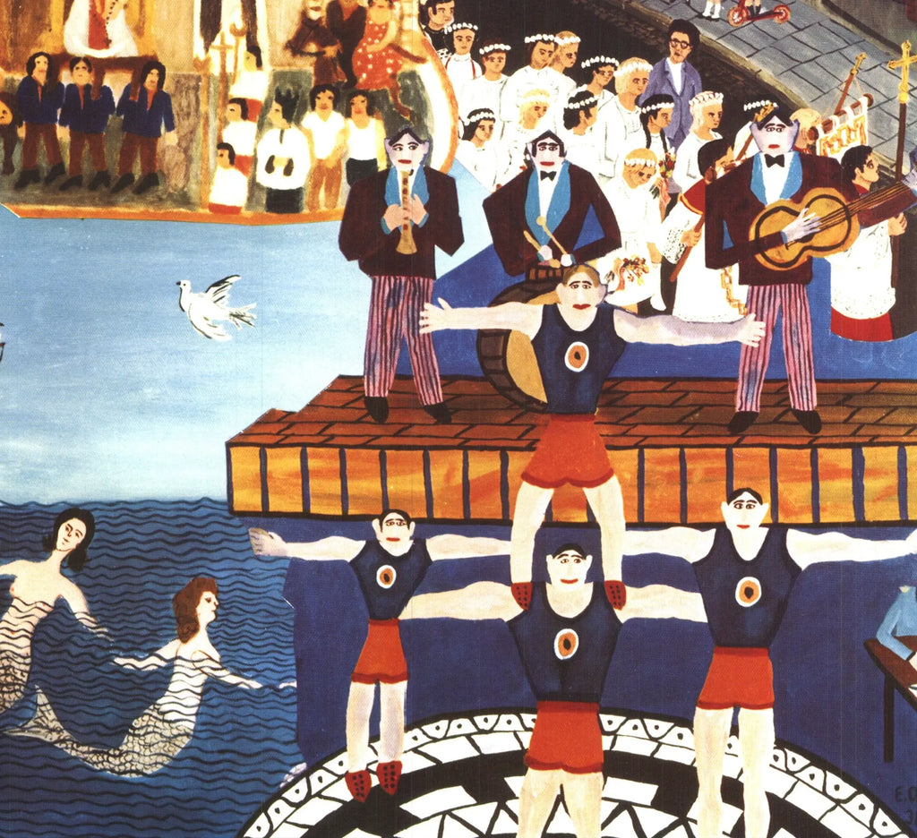 Vintage folk art poster from 1979 featuring naive-style scenes of Germany and Provence, by an unknown artist.