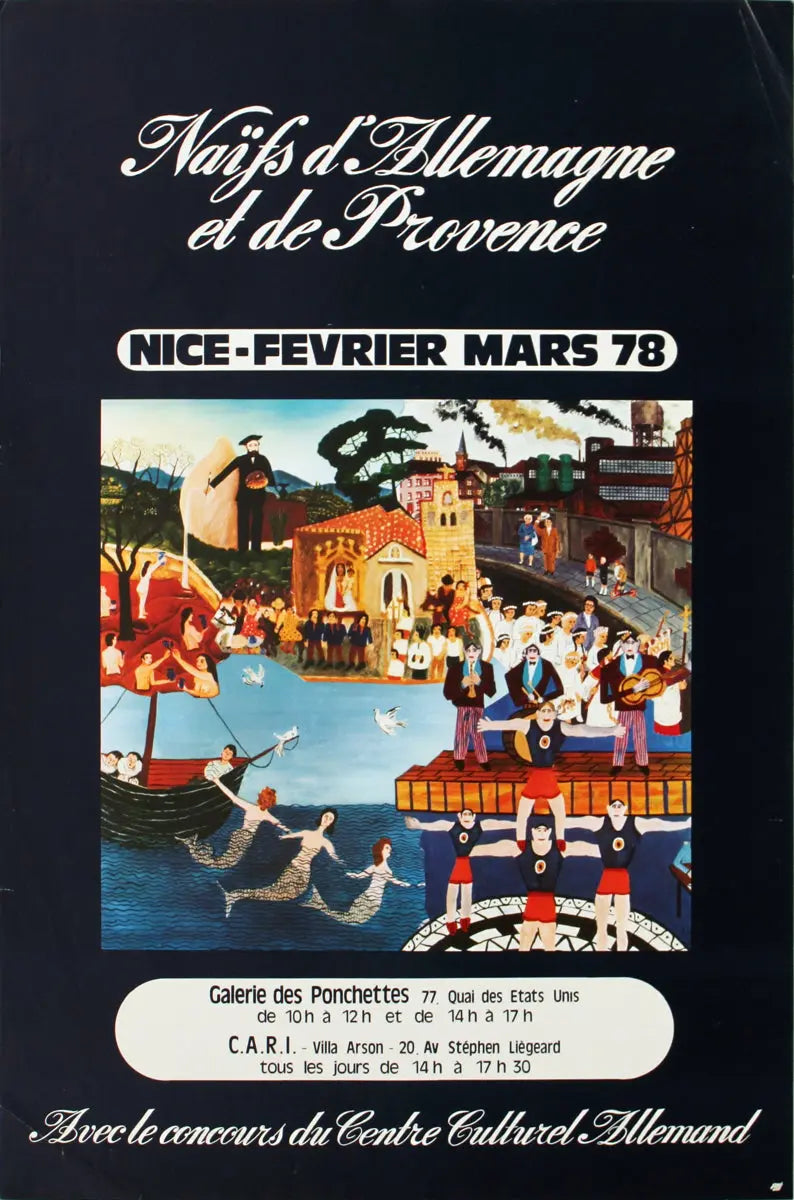 Vintage offset lithograph poster for Naifs d'Allemagne et de Provence 1979 exhibition, featuring colorful naïve art scene.