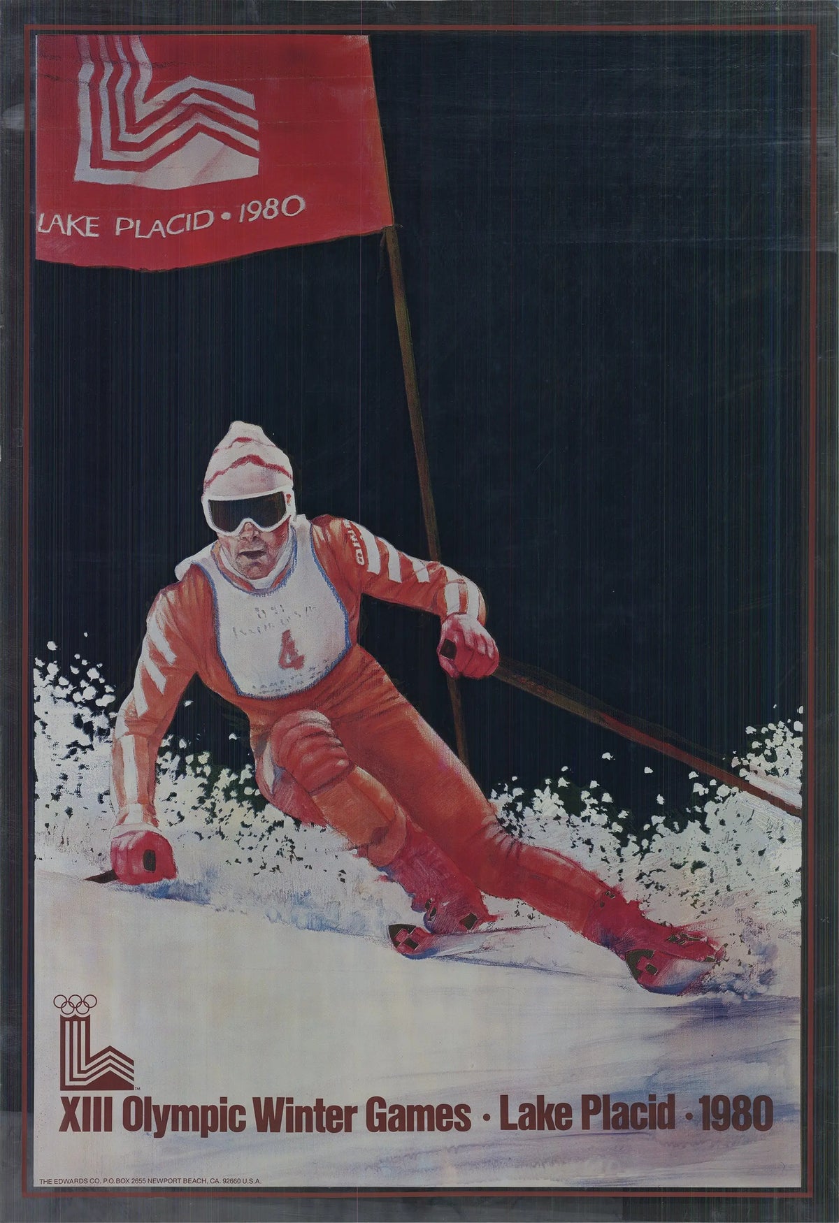 Official 1980 Lake Placid XIII Winter Olympics foil poster featuring Olympic symbols and vibrant design by an unknown artist.