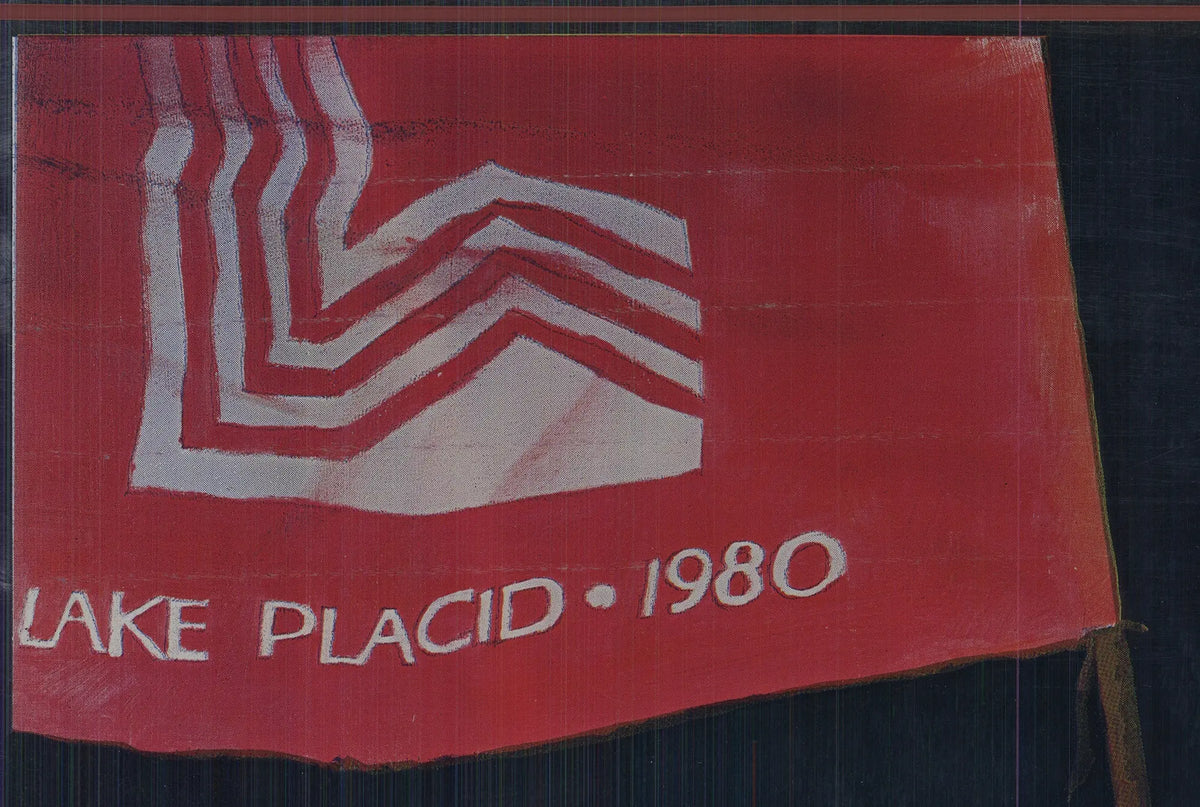 Official 1980 Lake Placid XIII Olympic Winter Games foil poster featuring winter sports imagery, created by an unknown artist.
