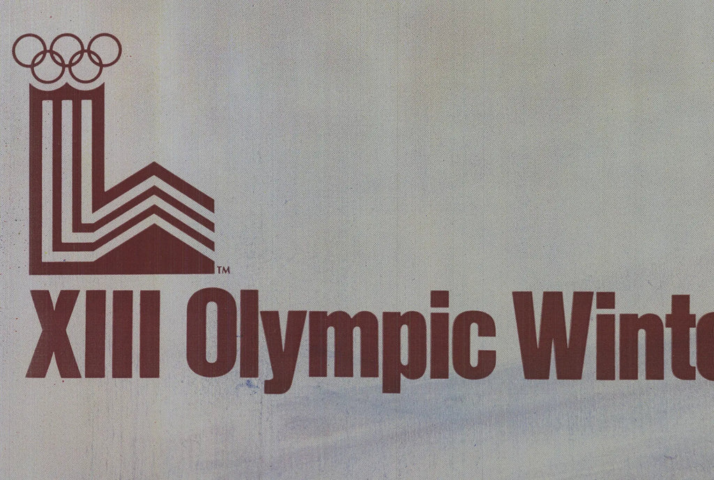 Official 1980 Lake Placid XIII Olympic Winter Games foil poster featuring winter sports and Olympic symbols, created by an unknown artist.
