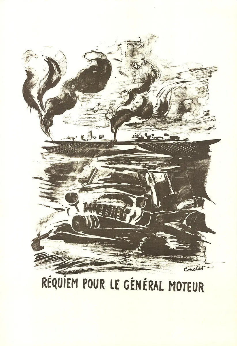 Vintage lithograph poster titled "Requiem for General Moteur" from 1968 French Revolt, featuring bold graphic artwork.