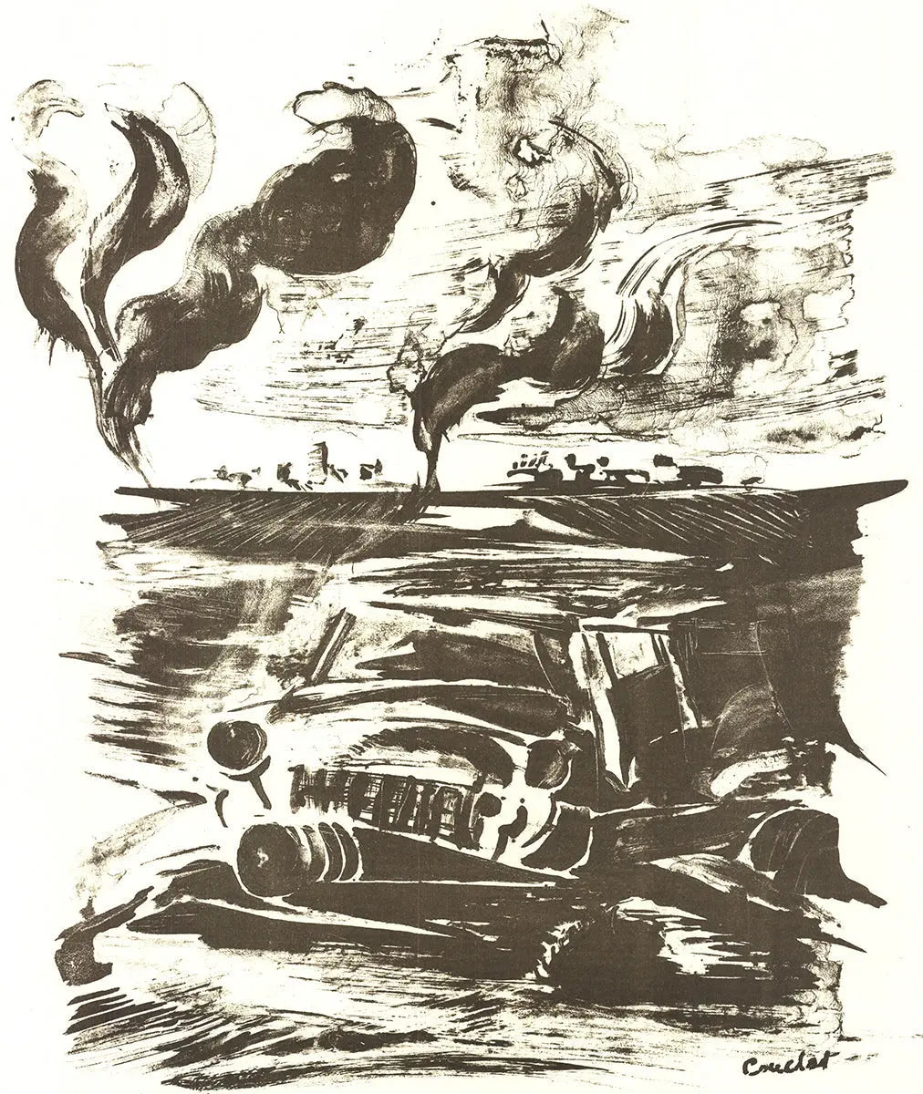 Vintage lithograph poster titled "Requiem for General Moteur" from 1968 French revolt, featuring artwork of historical significance.