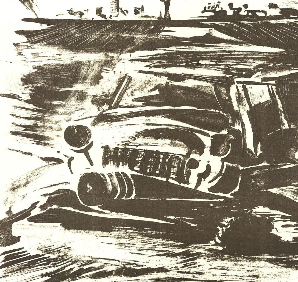 Vintage lithograph poster titled "Requiem for General Moteur" depicting a 1968 French revolt scene, created by an unknown artist.