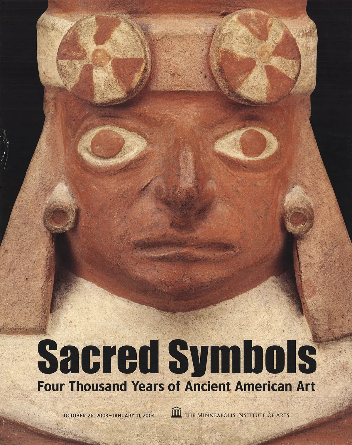 Ancient American art exhibition lithograph poster featuring sacred symbols, created by an unknown artist.