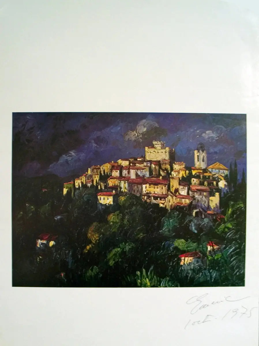 Signed vintage landscape lithograph print of a town on a hill, created in 1972 by an unknown artist.