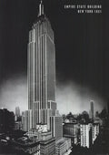 Black and white vintage lithograph poster of the 1931 Empire State Building architecture, artist unknown, historical building illustration.