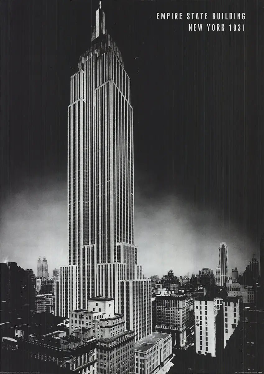 Black and white vintage lithograph poster of the 1931 Empire State Building architecture, artist unknown, historical building illustration.