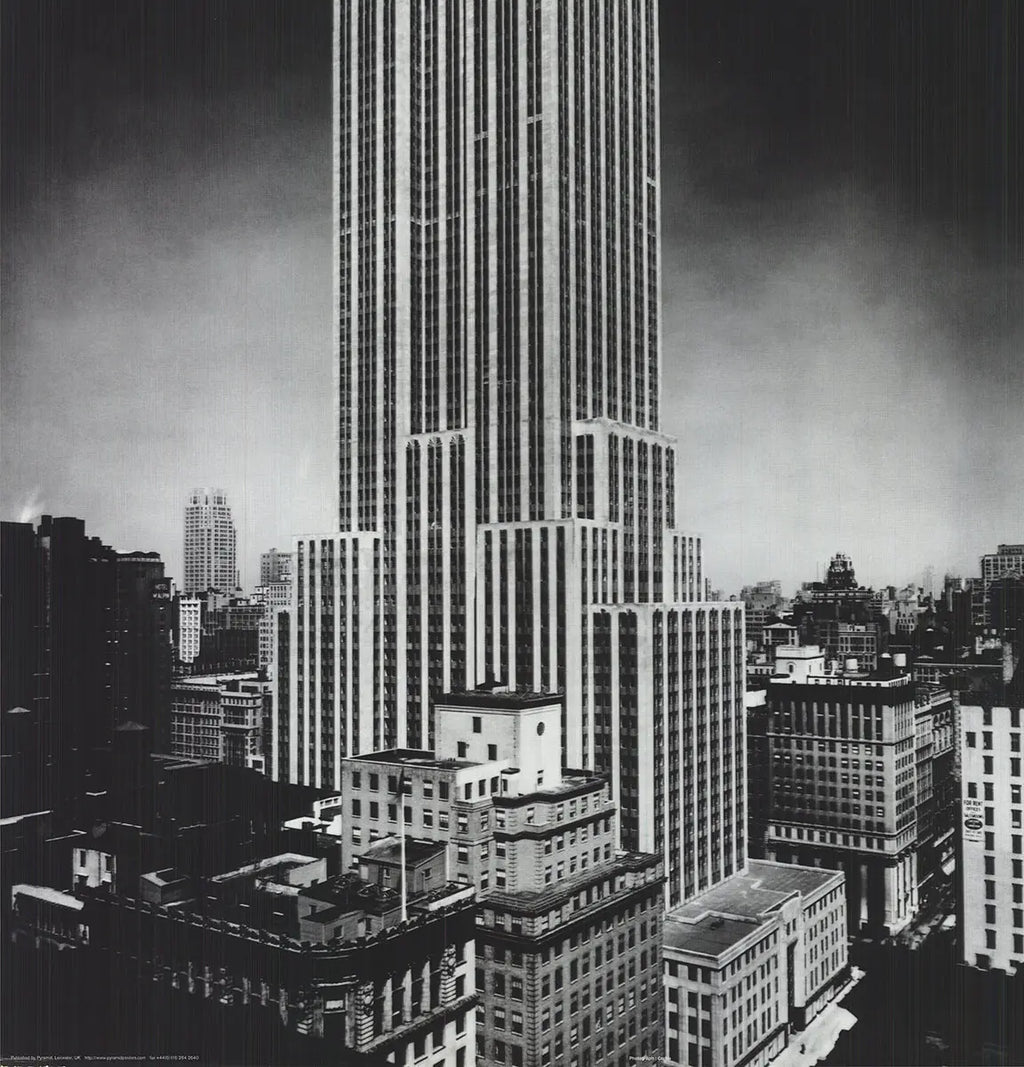 Black and white vintage lithograph of the 1931 Empire State Building architecture, created by an unknown artist.