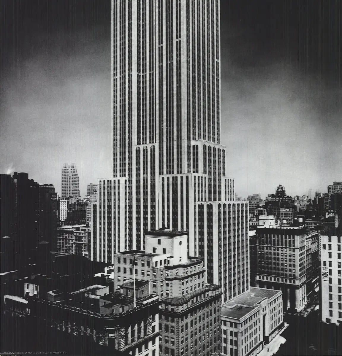 Black and white vintage lithograph of the 1931 Empire State Building architecture, created by an unknown artist.