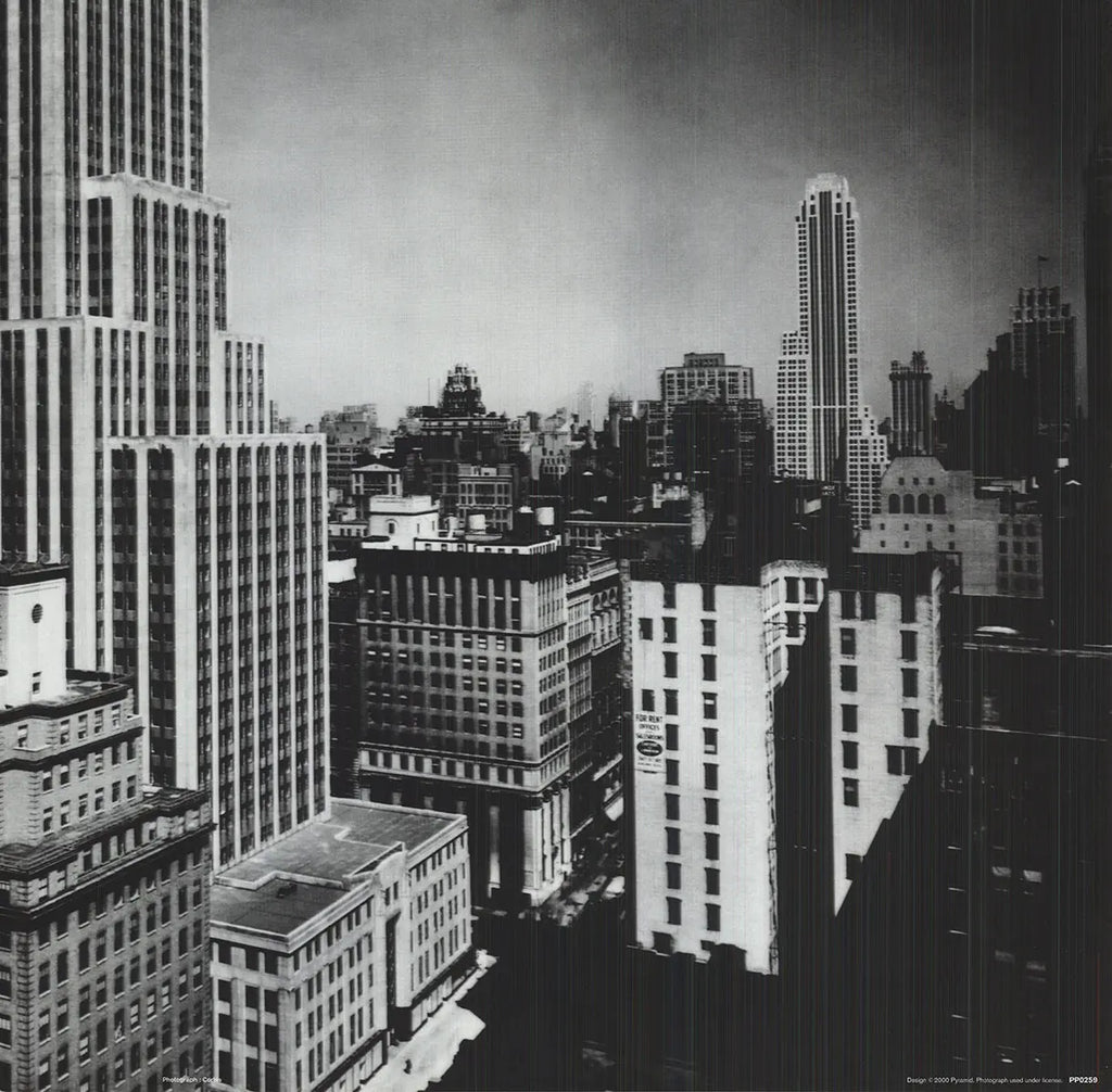 Black and white vintage lithograph poster of the 1931 Empire State Building architecture, artist unknown.