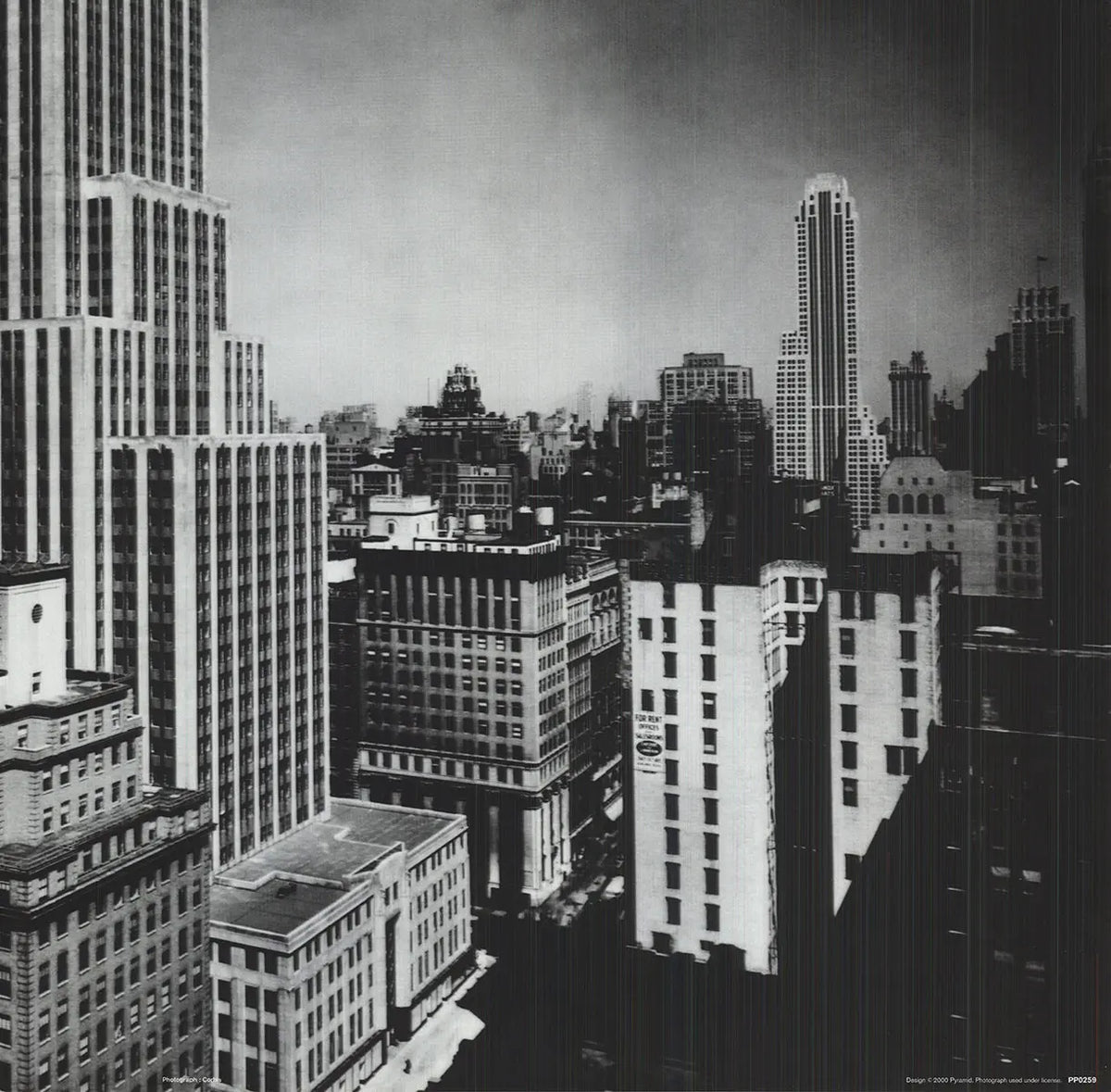 Black and white vintage lithograph poster of the 1931 Empire State Building architecture, artist unknown.