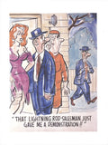 Vintage-style lithograph art print of a lightning rod salesman by an unknown artist, showcasing retro illustration and detailed craftsmanship.
