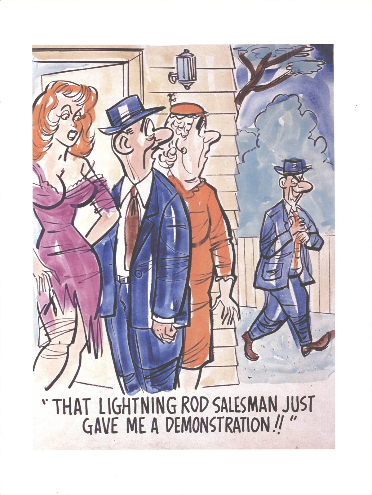 Vintage-style lithograph art print of a lightning rod salesman by an unknown artist, showcasing retro illustration and detailed craftsmanship.