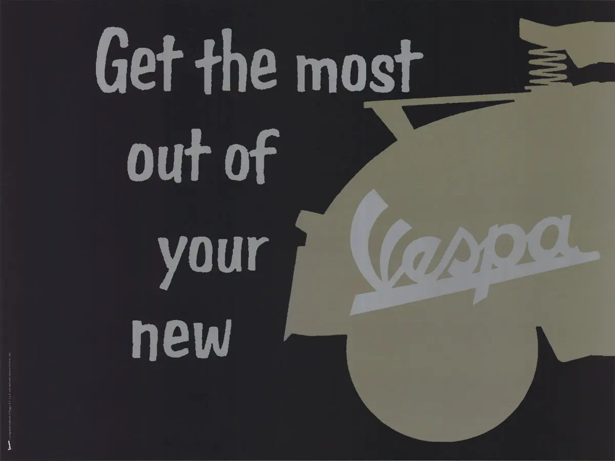 Vintage Vespa 1949 advertising offset lithograph poster print featuring classic scooter art by unknown artist.