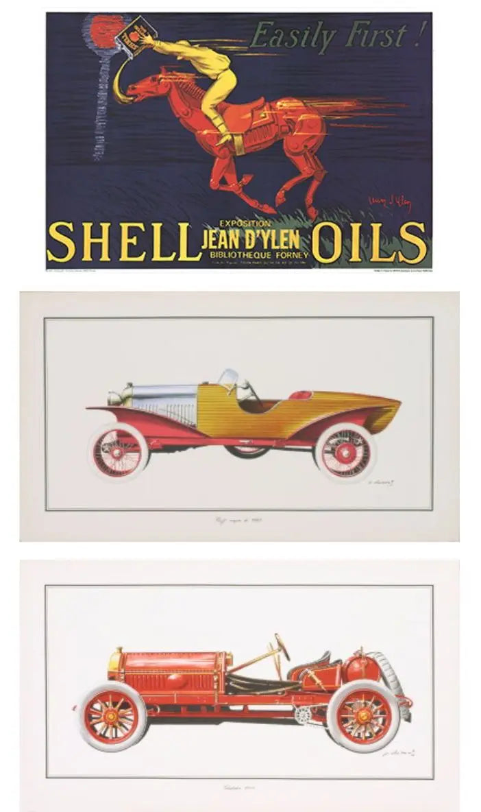 Collection of three vintage car lithograph art prints by Artwise Online featuring classic automobile illustrations.