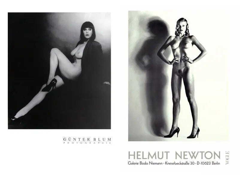 Black and white photography posters by Helmut Newton and Gunter Blum, featuring striking artistic images, on a white background.