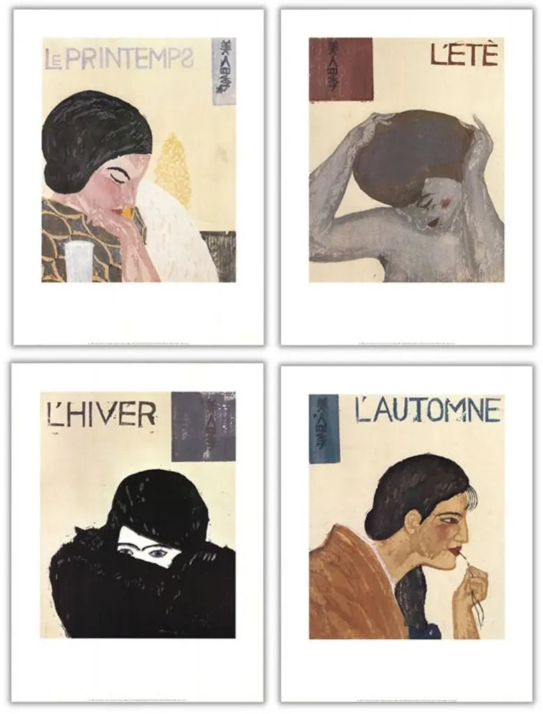 Set of three Onchi Koshiro seasonal offset lithograph prints from 1999, featuring traditional Japanese art styles.