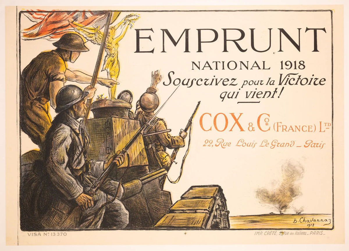 Original 1917 WWI French War Loan poster by B. Chavannaz, featuring patriotic imagery for the Emprunt National French War Loan.