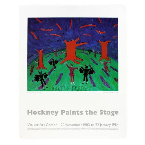 Vintage David Hockney Ravel's Garden 1983 offset lithograph exhibition poster featuring vibrant artwork and bold colors.