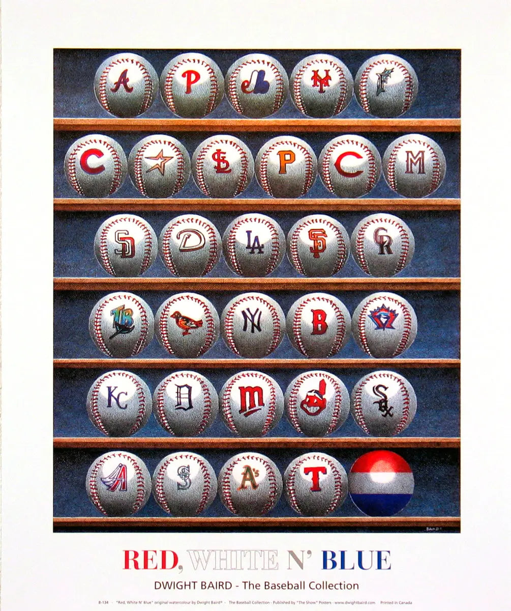 Dwight Baird limited edition 1995 baseball print featuring red, white, and blue colors, showcasing a vintage sports artwork.